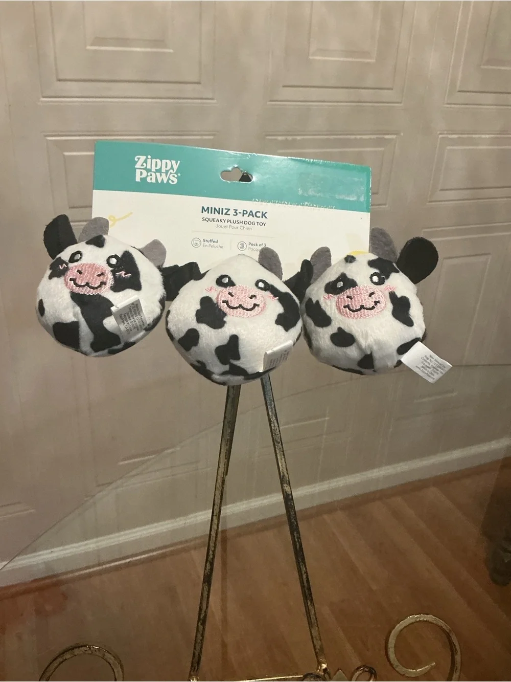 Zippy Paws Plush 3 Miniz Cow Mini Pet Dog Toy Squeaks Pink NEW